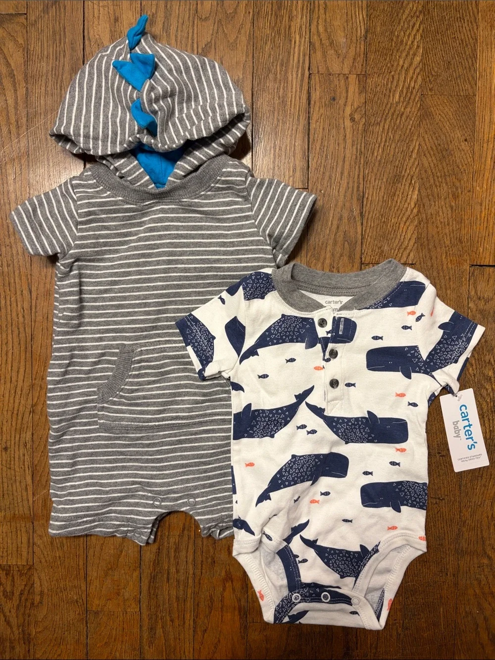 Carter's Gray Striped Hooded Romper & White Navy Whale Bodysuit Set